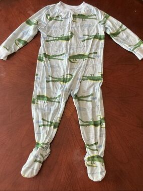 Kids Footed One Piece Pajamas - Light Blue with Green Crocodile Print